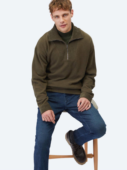 Haki Dik Yaka Çizgili Sweatshırt