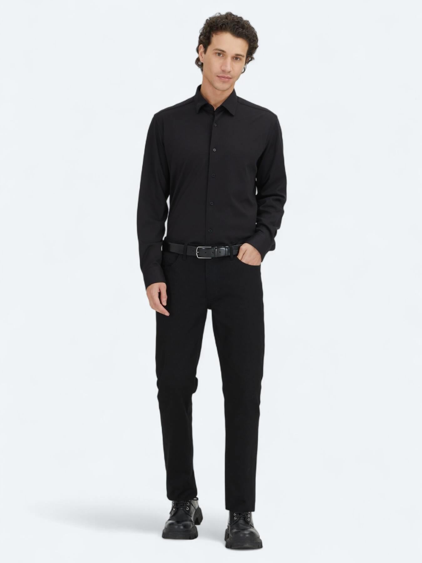 Siyah Düz Regular Fit Uzun Dokuma Casual %100 Pamuk Gömlek