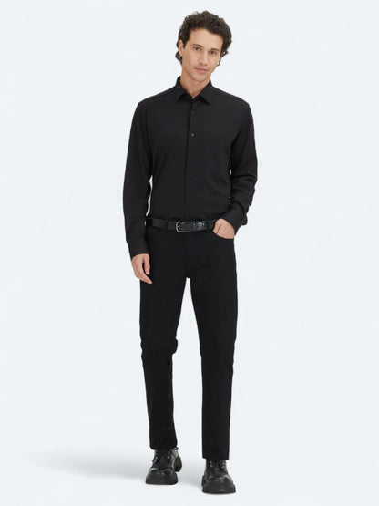 Siyah Düz Regular Fit Uzun Dokuma Casual %100 Pamuk Gömlek