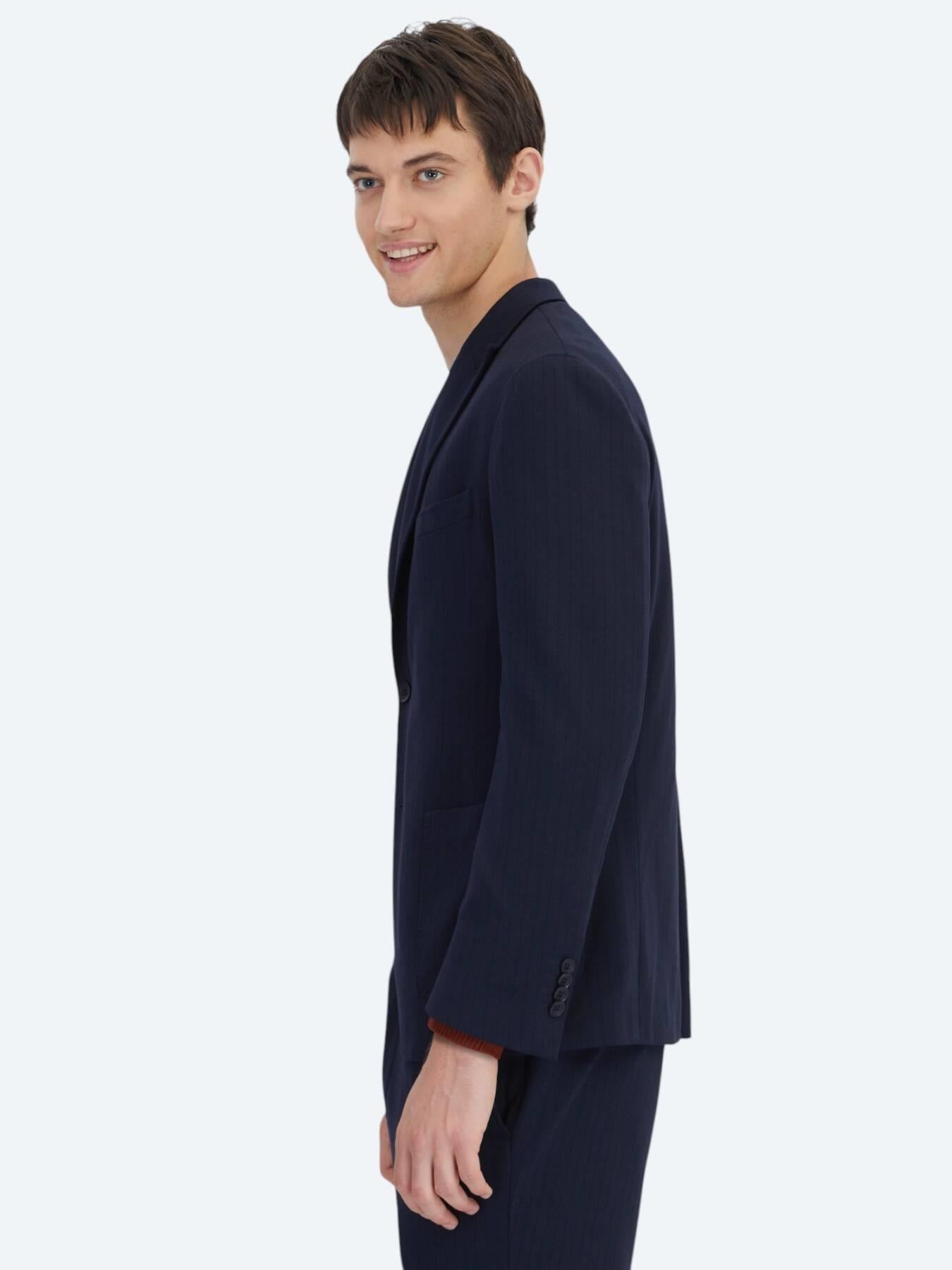 Lacivert Çizgili Modern Fit Örme Takım Elbise