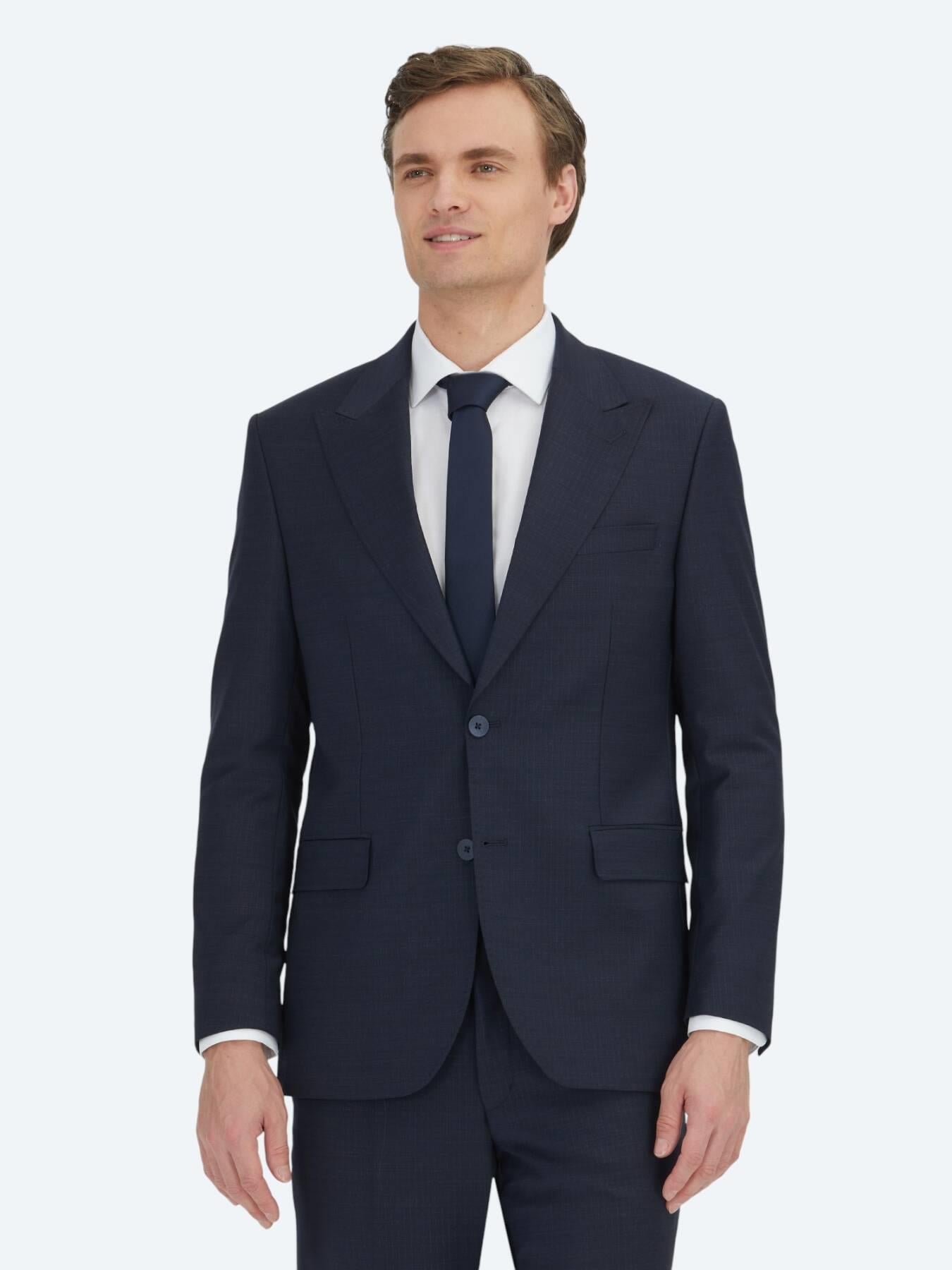 Lacivert Çizgili Modern Fit Yün Karışımlı Takım Elbise