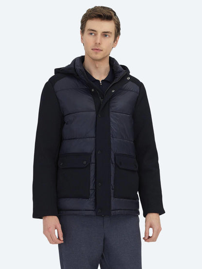 Lacivert Regular Fit Kapüşonlu Casual Dokuma Mont