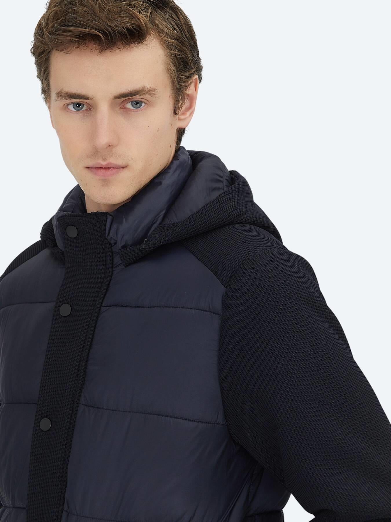 Lacivert Regular Fit Kapüşonlu Casual Dokuma Mont