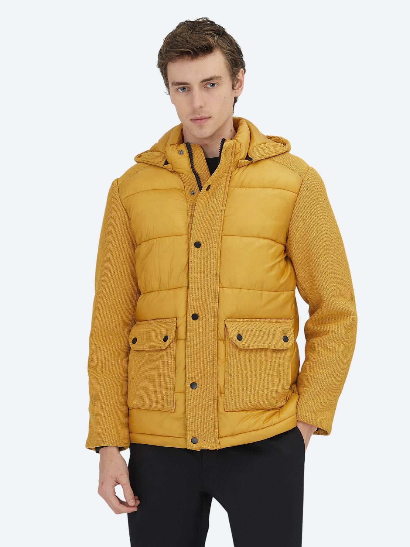 Sarı Regular Fit Kapüşonlu Casual Dokuma Mont