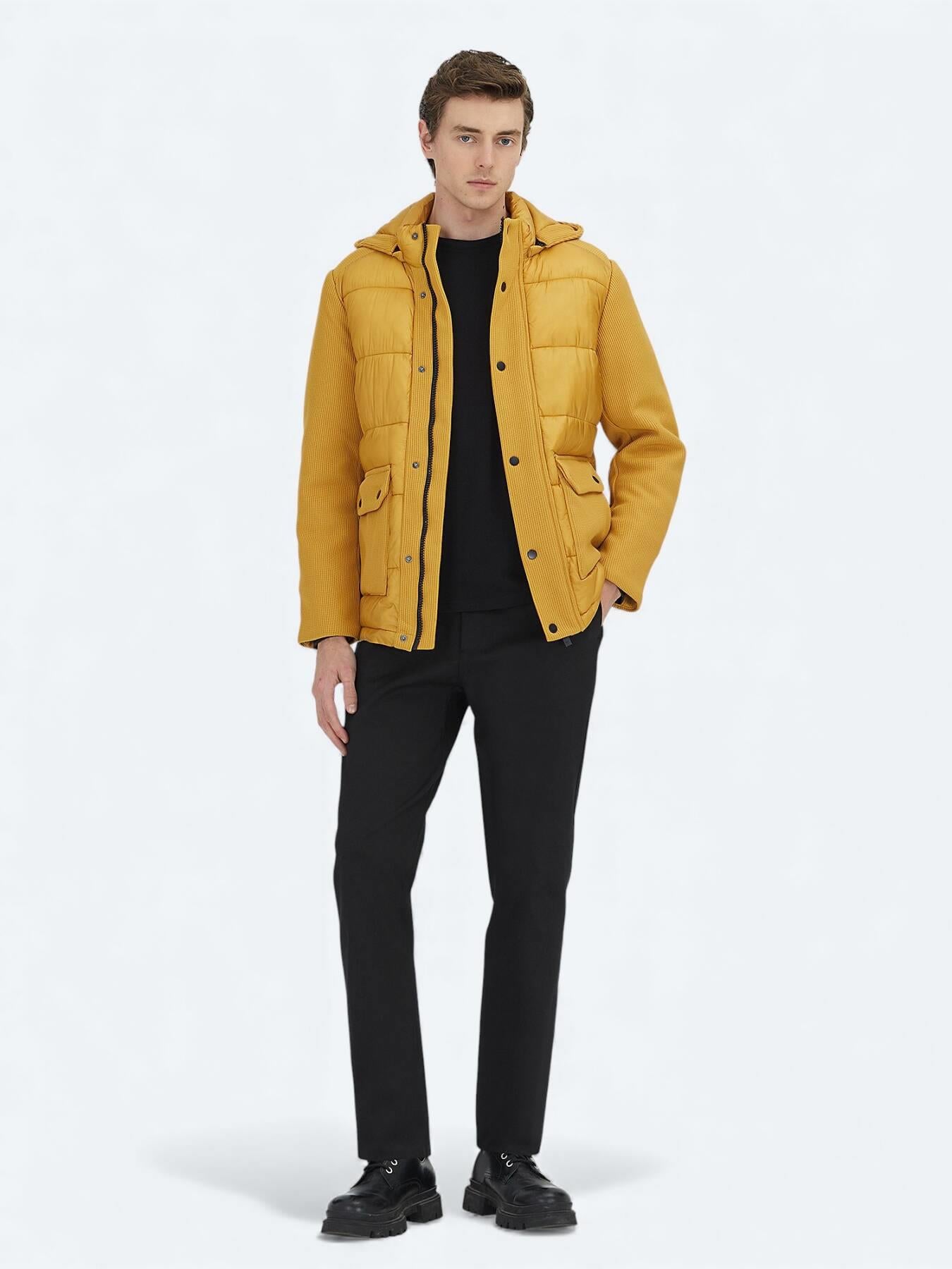 Sarı Regular Fit Kapüşonlu Casual Dokuma Mont