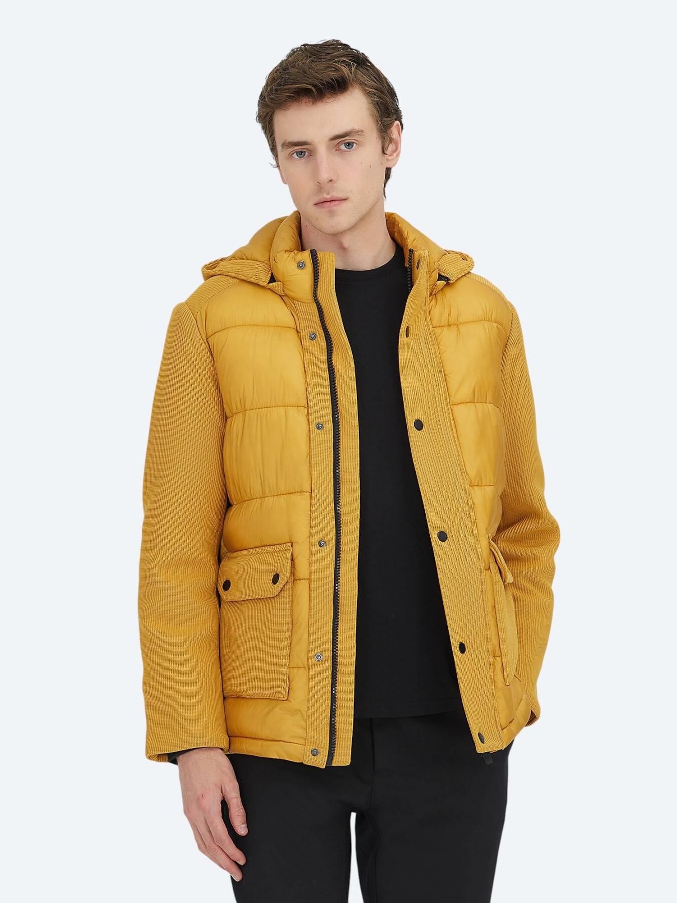 Sarı Regular Fit Kapüşonlu Casual Dokuma Mont