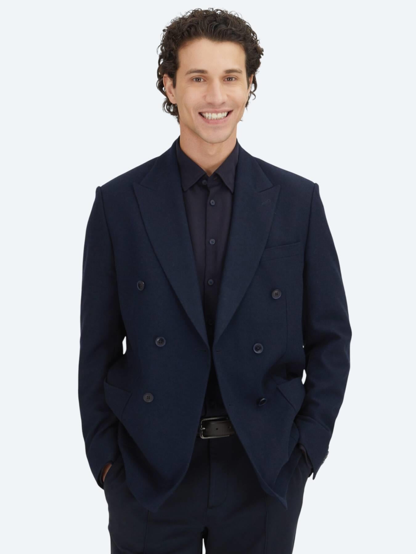 Lacivert Düz Modern Fit Yün Karışımlı Ceket