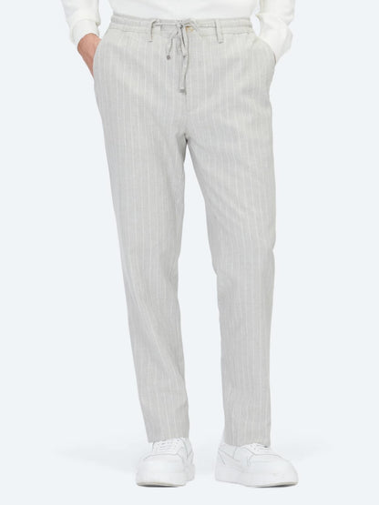 Gri Çizgili Dokuma Jogging Fit Casual Keten Karışımlı Pantolon