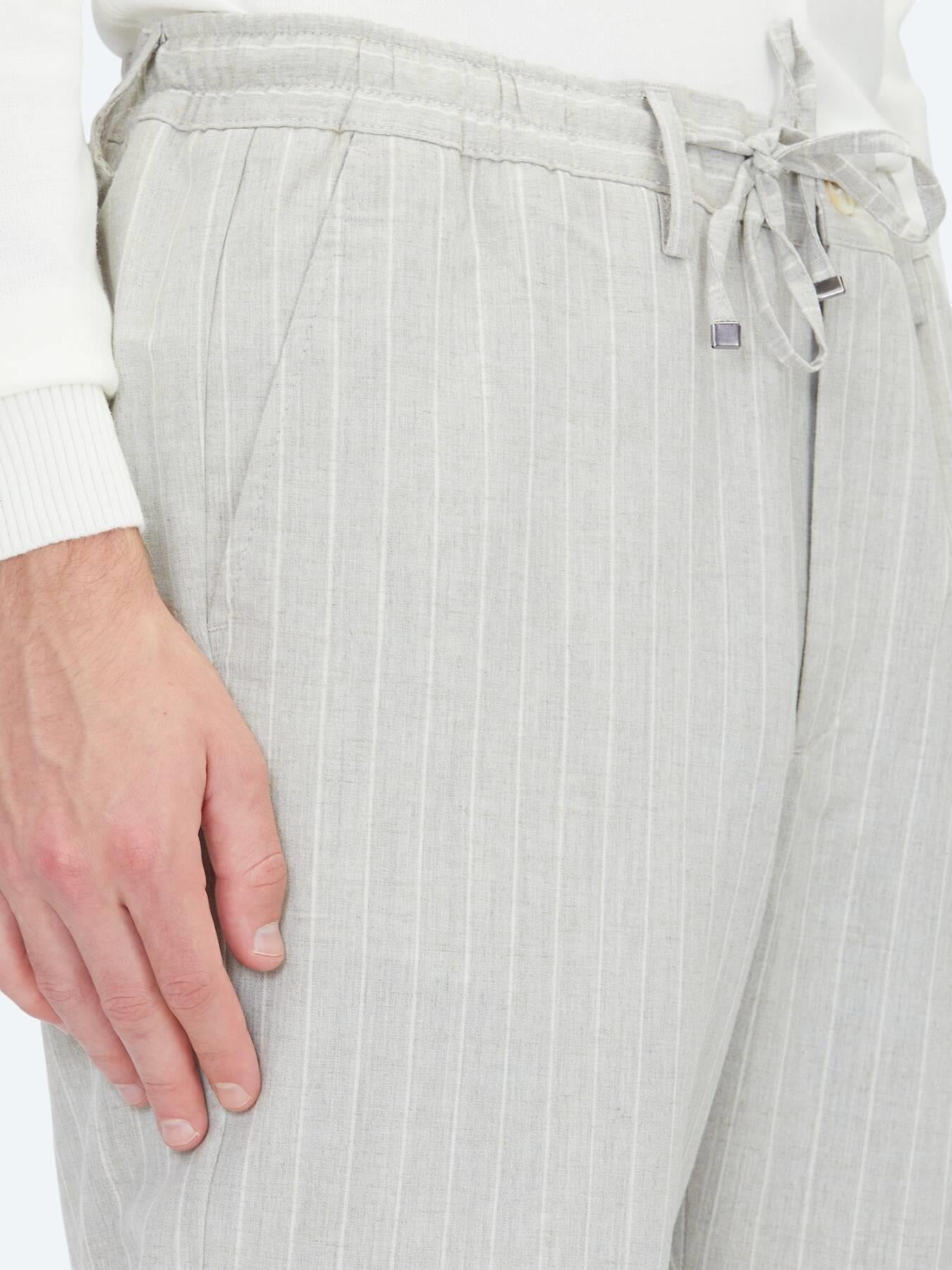 Gri Çizgili Dokuma Jogging Fit Casual Keten Karışımlı Pantolon