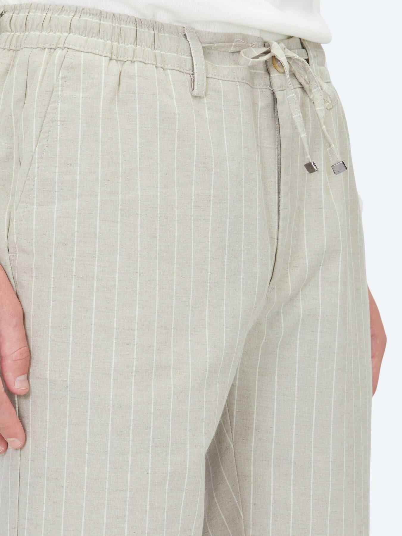 Bej Çizgili Dokuma Jogging Fit Casual Keten Karışımlı Pantolon