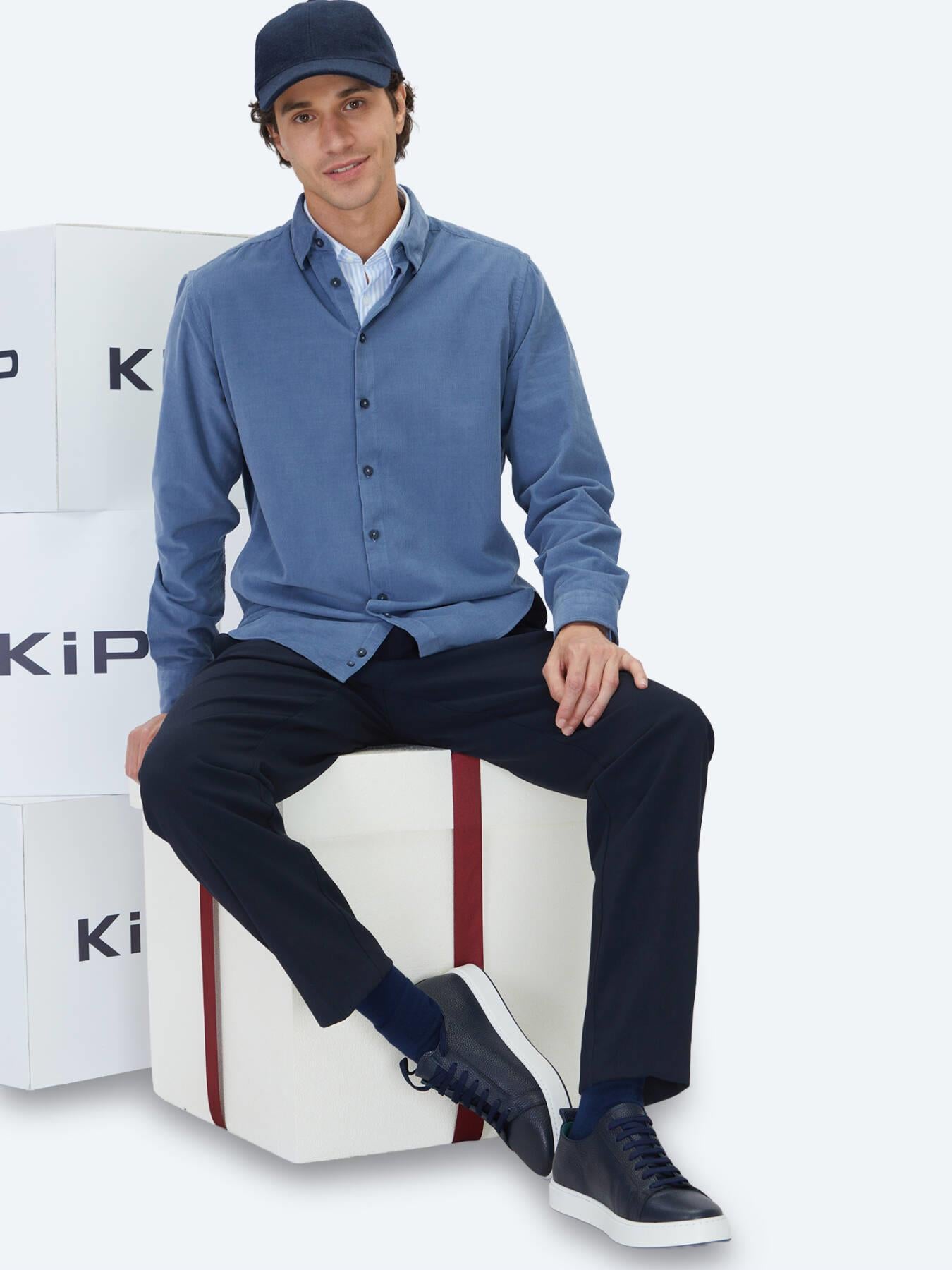 Mavi Çizgili Regular Fit Uzun Dokuma Kadife Casual %100 Pamuk Gömlek