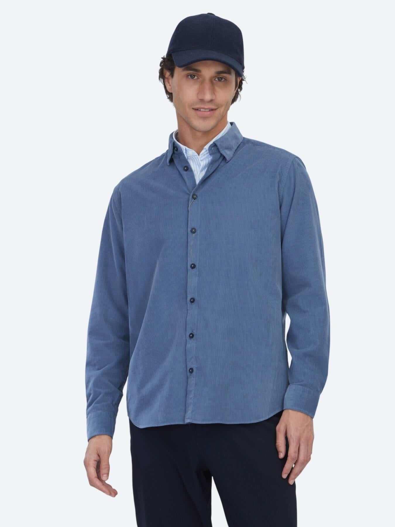 Mavi Çizgili Regular Fit Uzun Dokuma Kadife Casual %100 Pamuk Gömlek