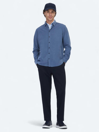 Mavi Çizgili Regular Fit Uzun Dokuma Kadife Casual %100 Pamuk Gömlek