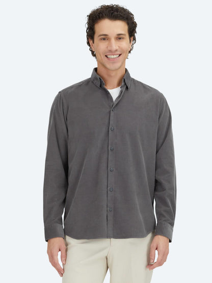 Gri Çizgili Regular Fit Uzun Dokuma Kadife Casual %100 Pamuk Gömlek