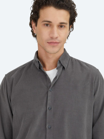 Gri Çizgili Regular Fit Uzun Dokuma Kadife Casual %100 Pamuk Gömlek