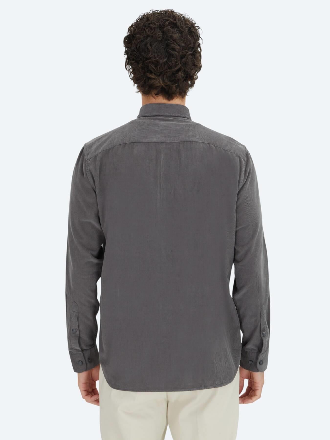 Gri Çizgili Regular Fit Uzun Dokuma Kadife Casual %100 Pamuk Gömlek