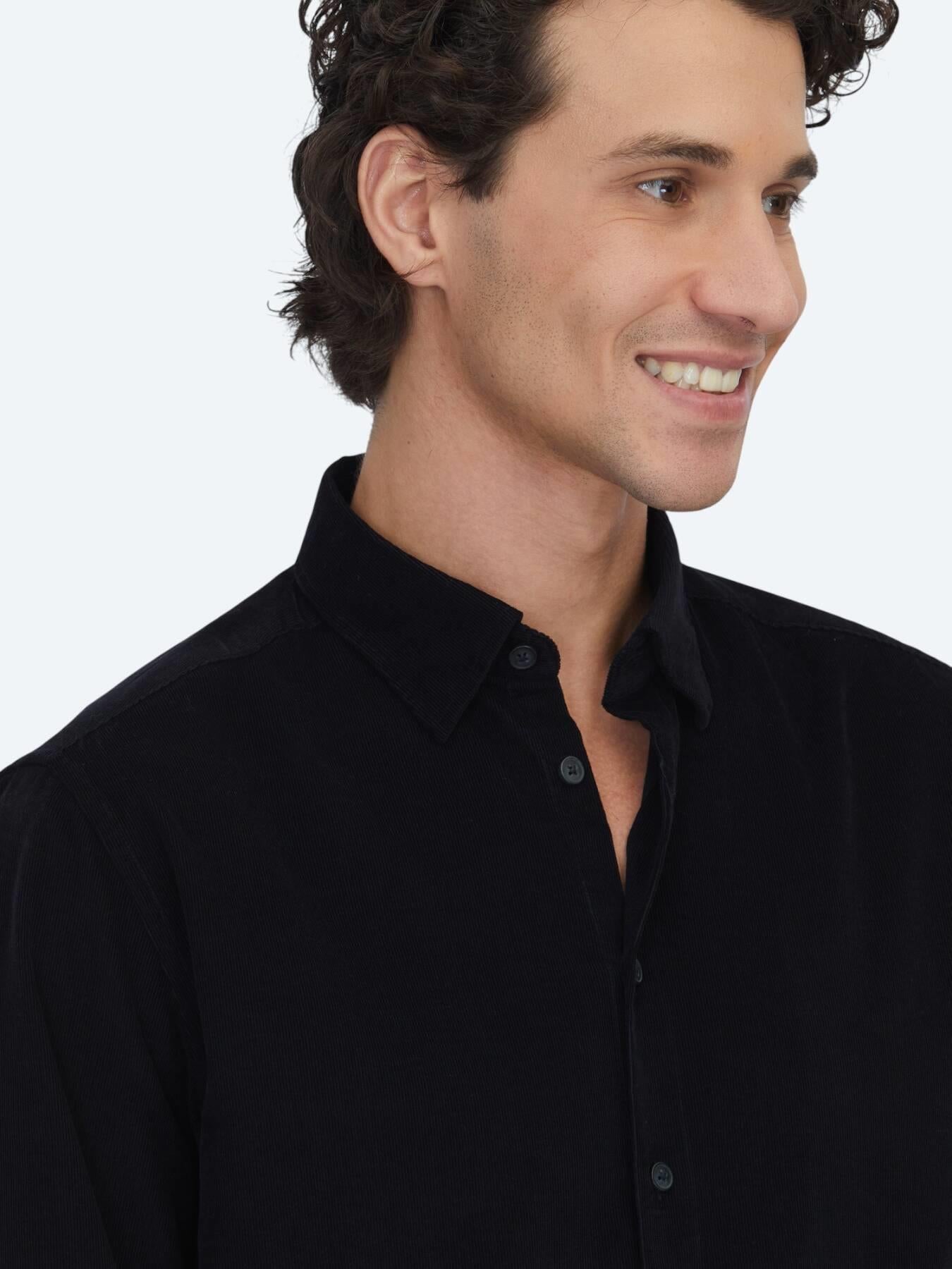 Siyah Çizgili Regular Fit Uzun Dokuma Kadife Casual %100 Pamuk Gömlek