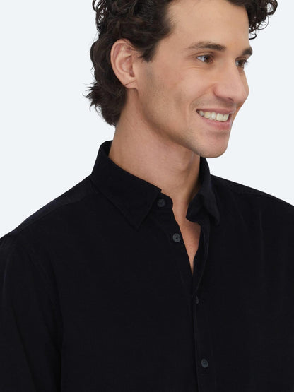 Siyah Çizgili Regular Fit Uzun Dokuma Kadife Casual %100 Pamuk Gömlek