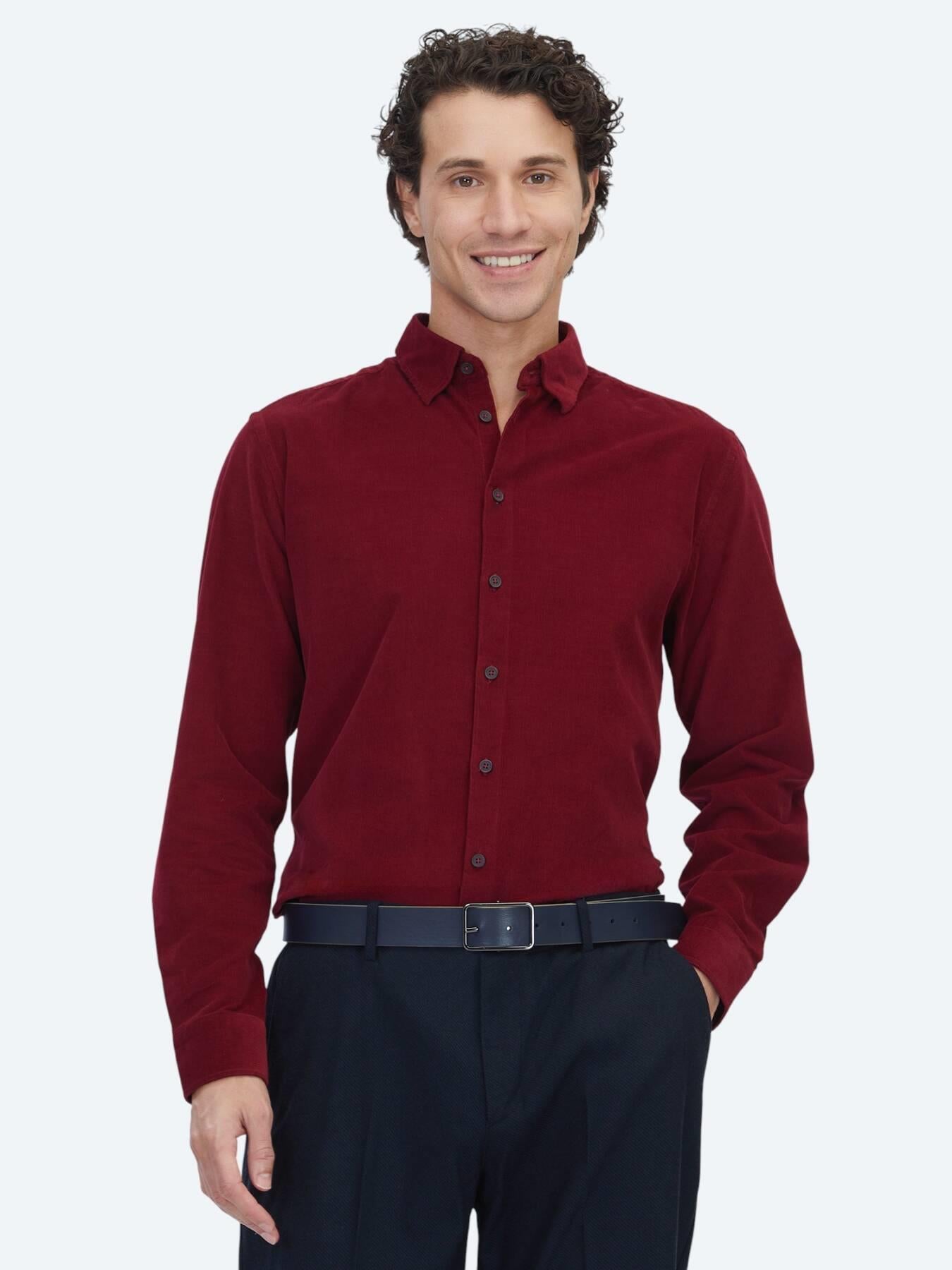 Kırmızı Çizgili Regular Fit Uzun Dokuma Kadife Casual %100 Pamuk Gömlek