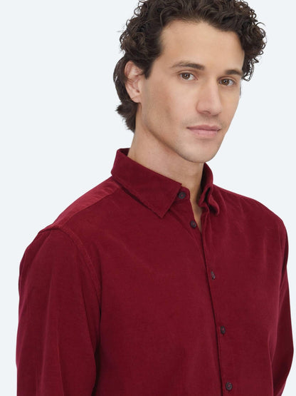 Kırmızı Çizgili Regular Fit Uzun Dokuma Kadife Casual %100 Pamuk Gömlek