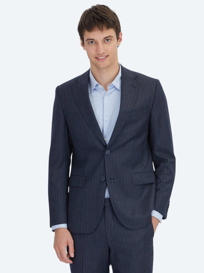Lacivert Çizgili Modern Fit Yün Karışımlı Takım Elbise