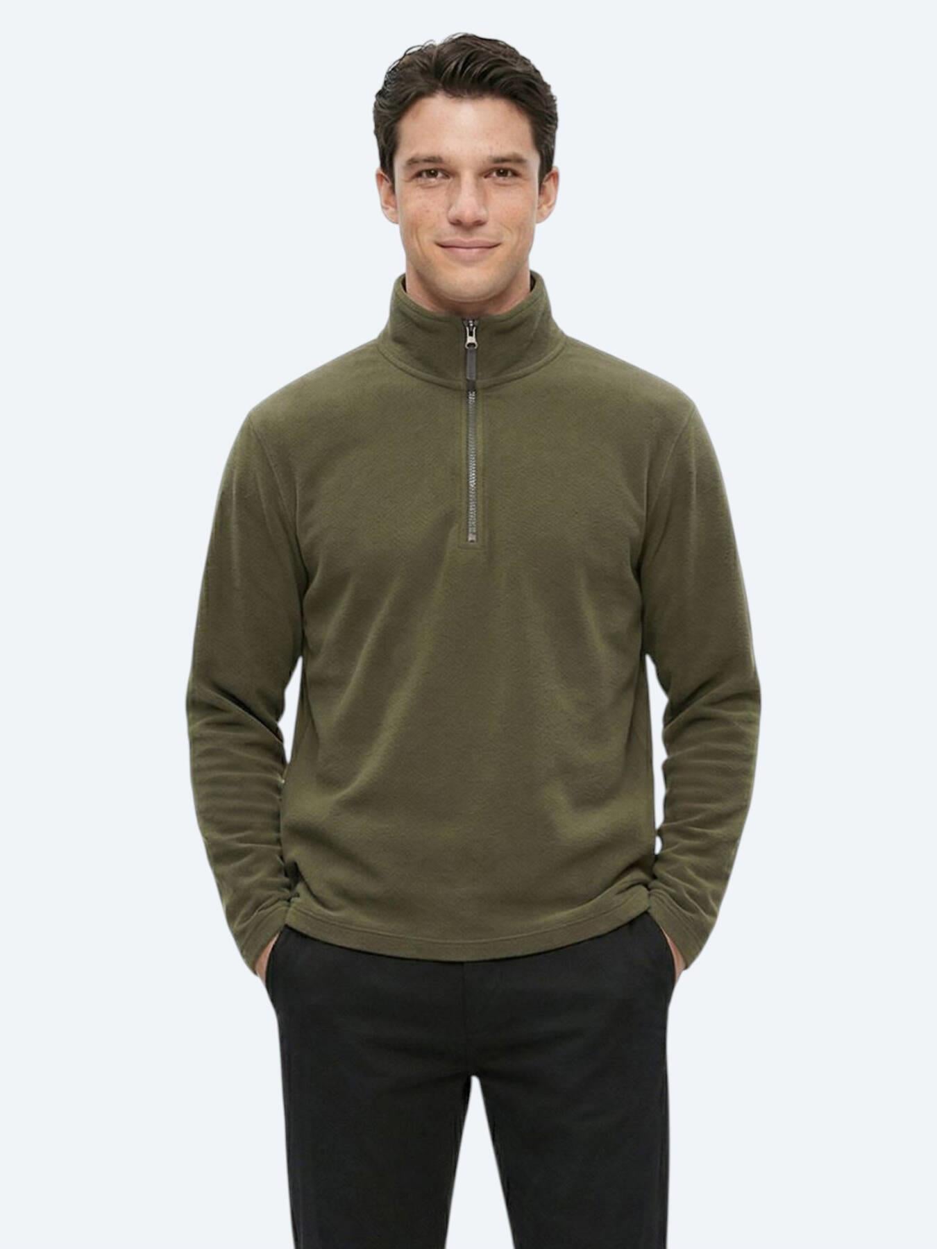 Haki Dik Yaka Düz Polar Sweatshırt