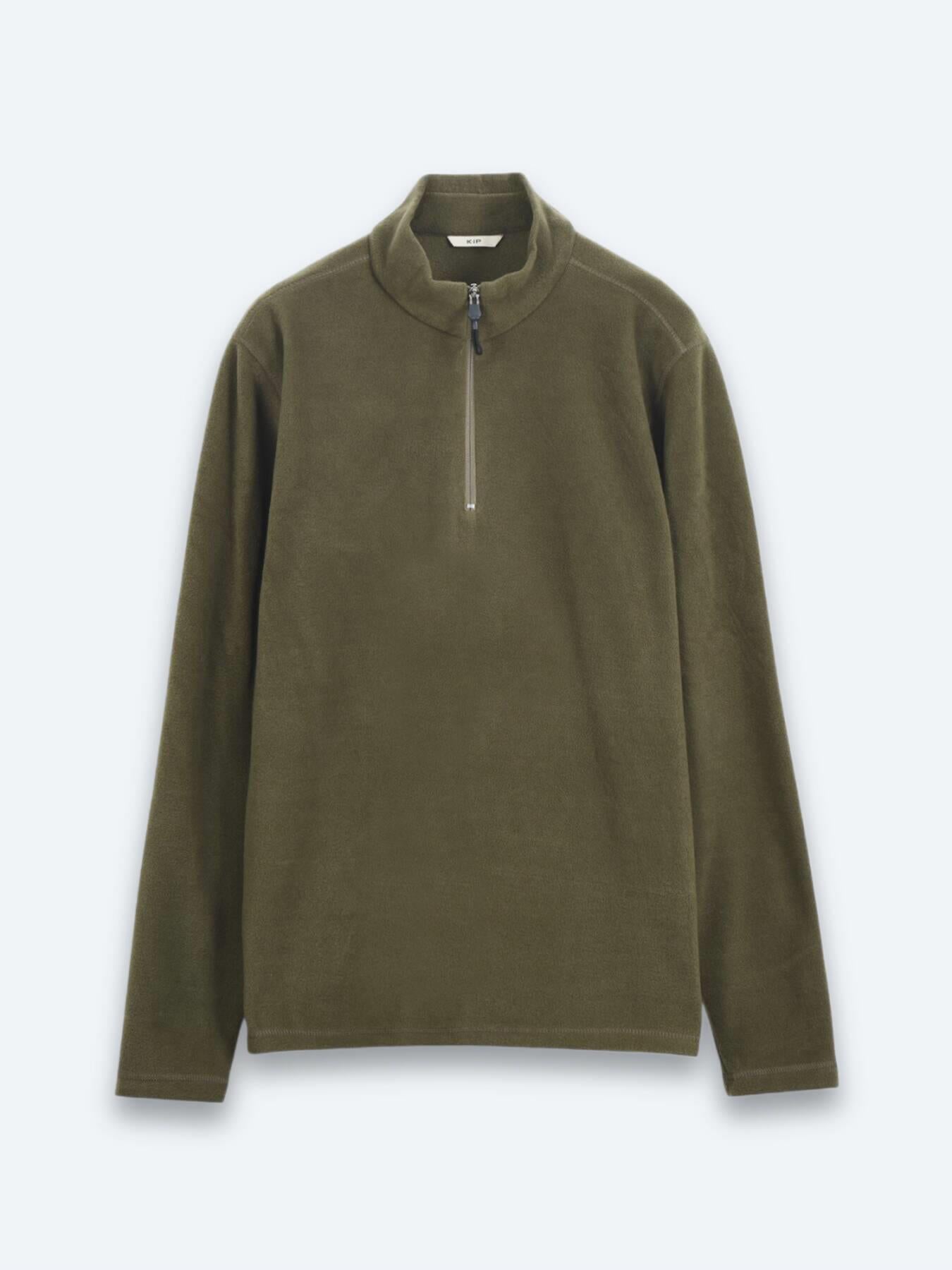 Haki Dik Yaka Düz Polar Sweatshırt