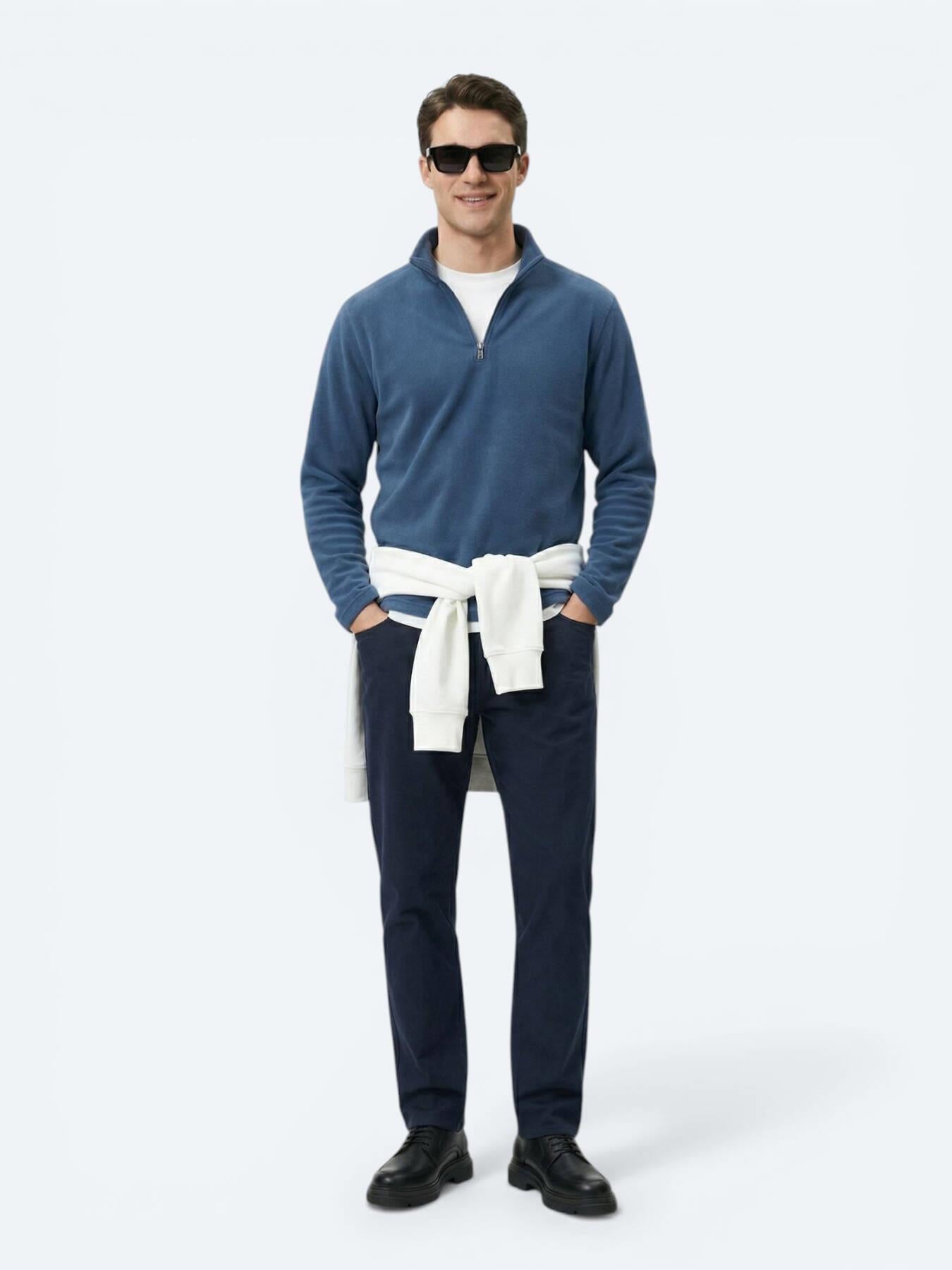 Indigo Dik Yaka Düz Polar Sweatshırt