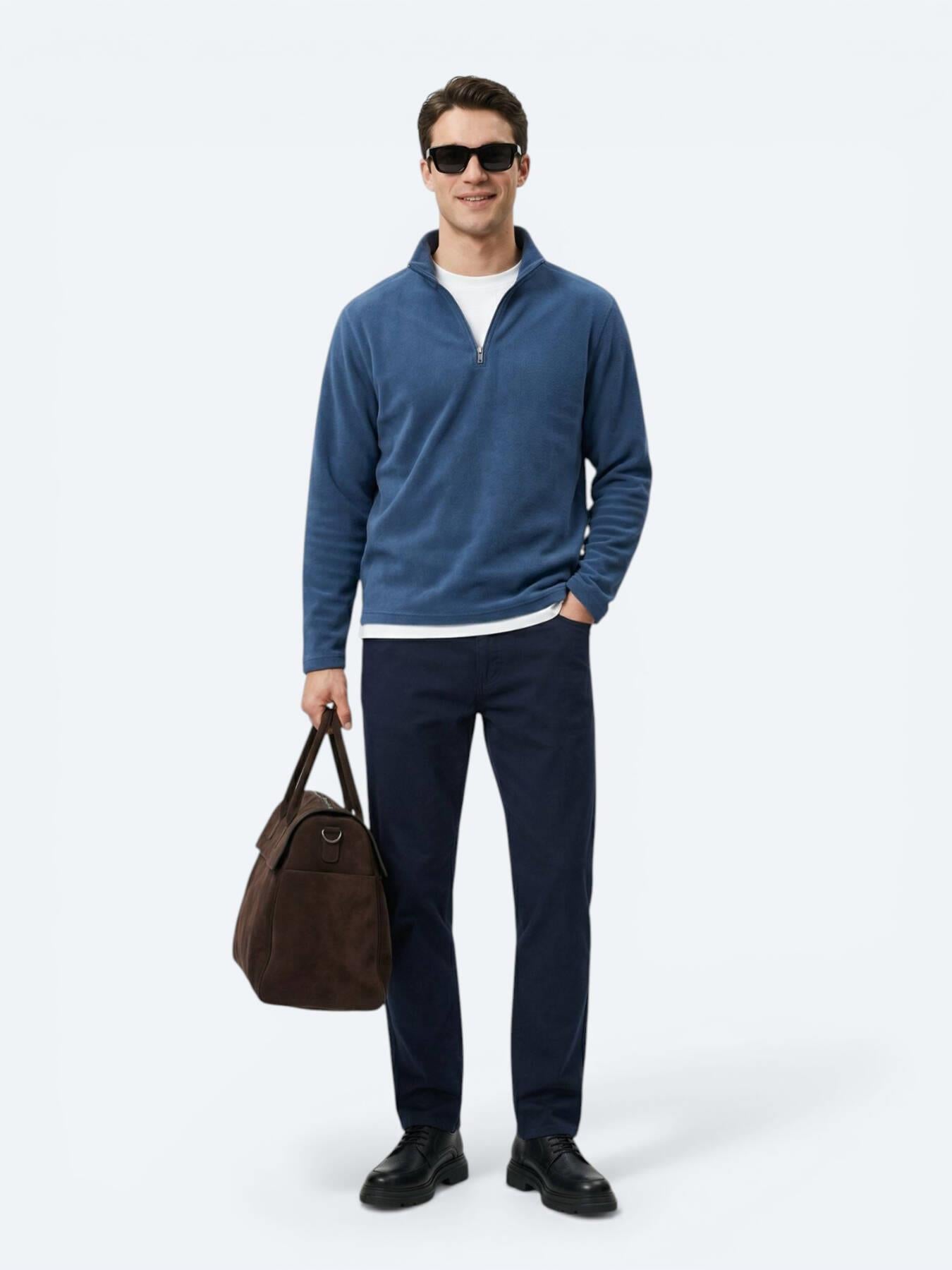 Indigo Dik Yaka Düz Polar Sweatshırt