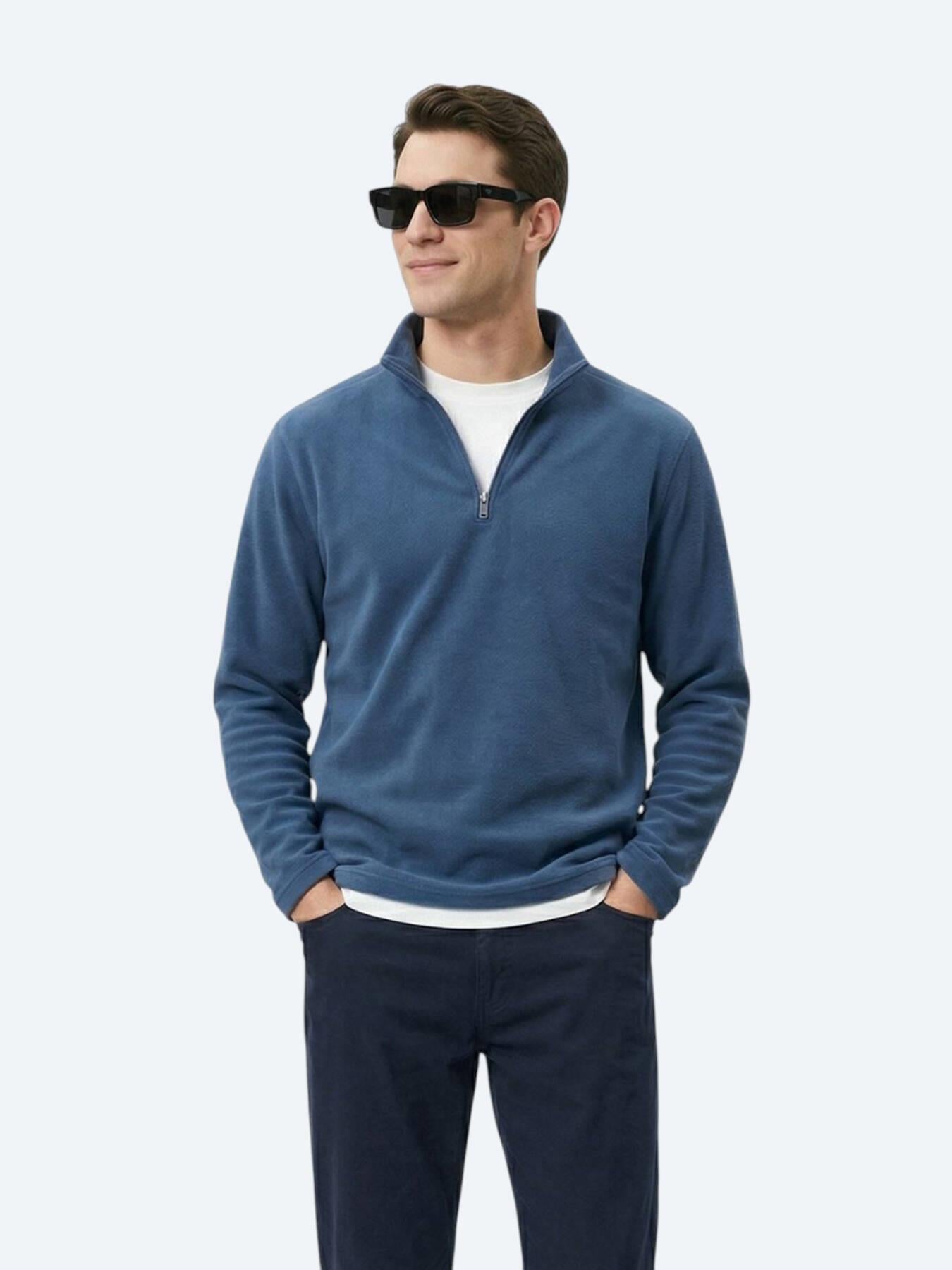 Indigo Dik Yaka Düz Polar Sweatshırt