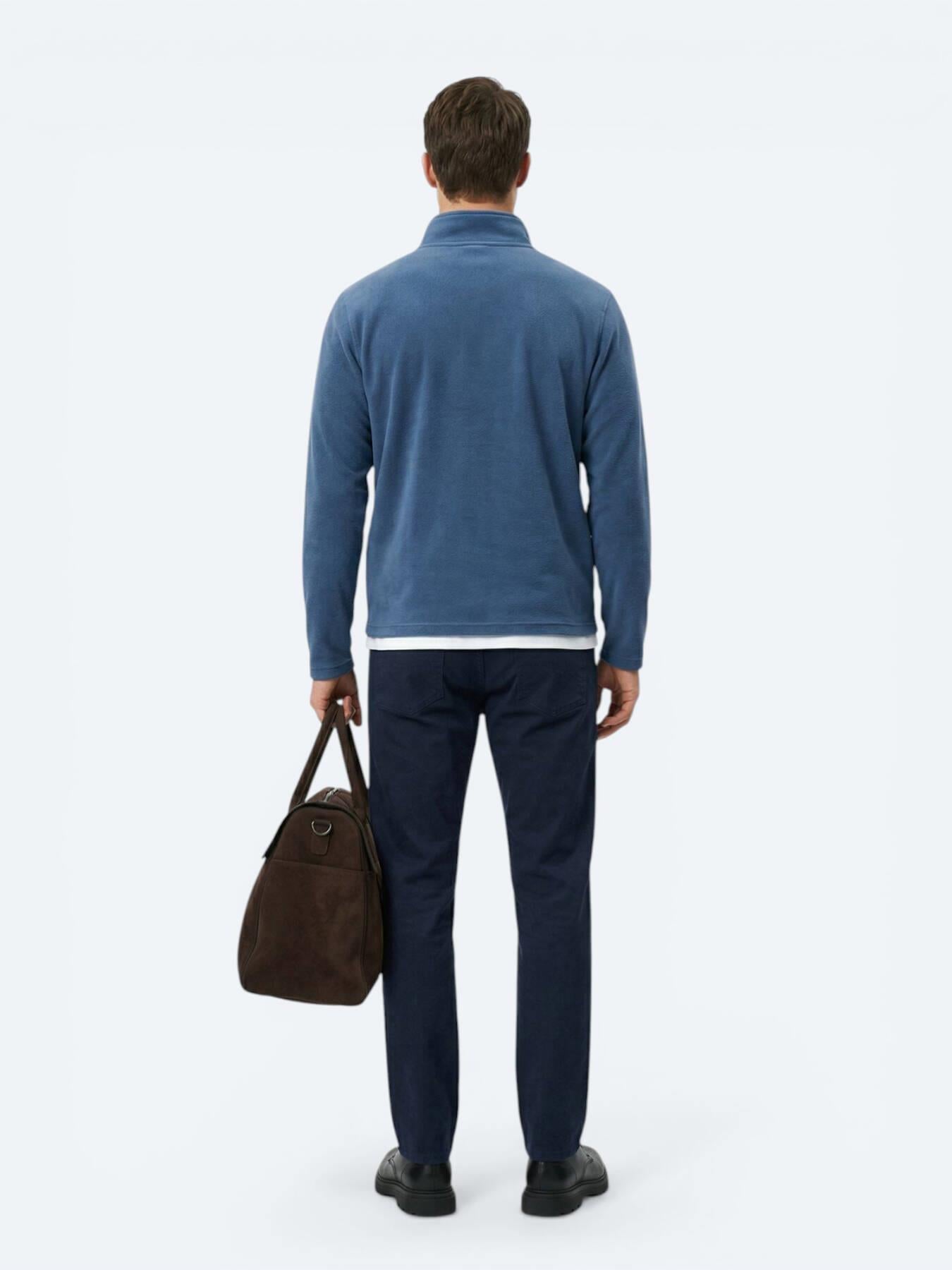 Indigo Dik Yaka Düz Polar Sweatshırt