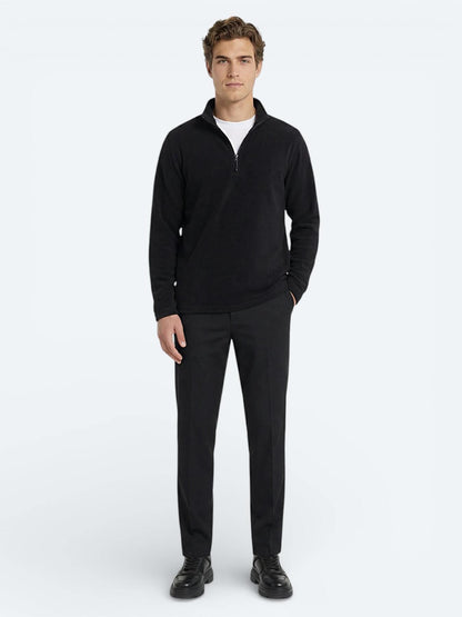 Siyah Dik Yaka Düz Polar Sweatshırt