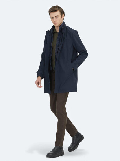 Lacivert Oversize Fit Kruvaze Yaka Casual Dokuma Pardösü