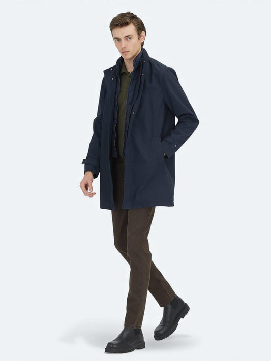 Lacivert Oversize Fit Kruvaze Yaka Casual Dokuma Pardösü