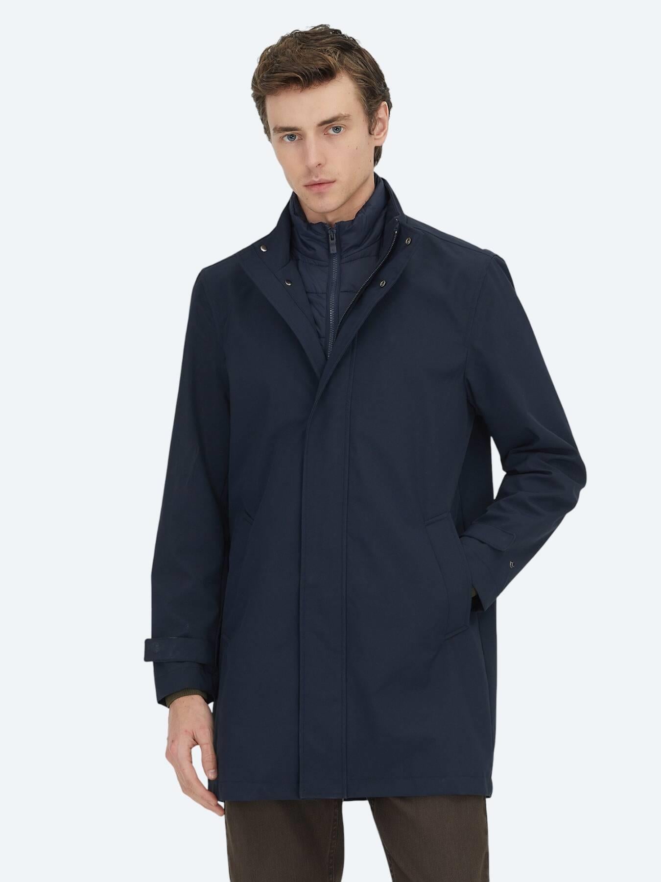 Lacivert Oversize Fit Kruvaze Yaka Casual Dokuma Pardösü