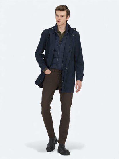 Lacivert Oversize Fit Kruvaze Yaka Casual Dokuma Pardösü