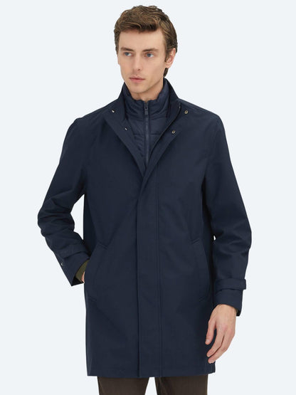 Lacivert Oversize Fit Kruvaze Yaka Casual Dokuma Pardösü