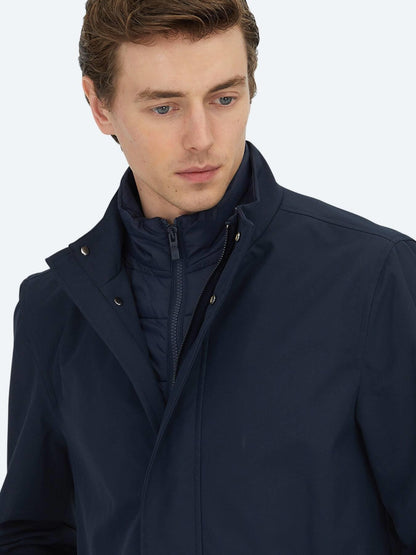 Lacivert Oversize Fit Kruvaze Yaka Casual Dokuma Pardösü