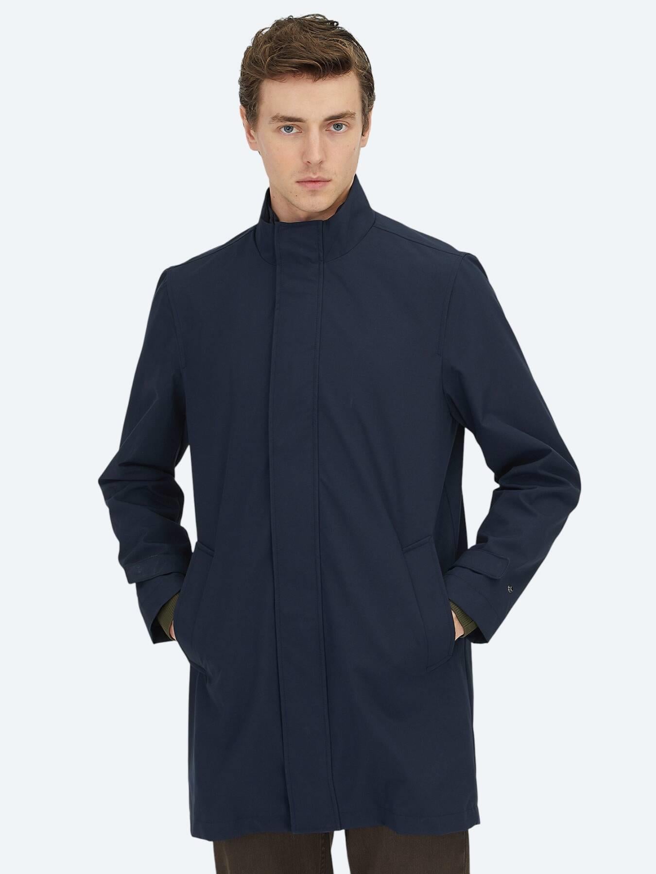 Lacivert Oversize Fit Kruvaze Yaka Casual Dokuma Pardösü