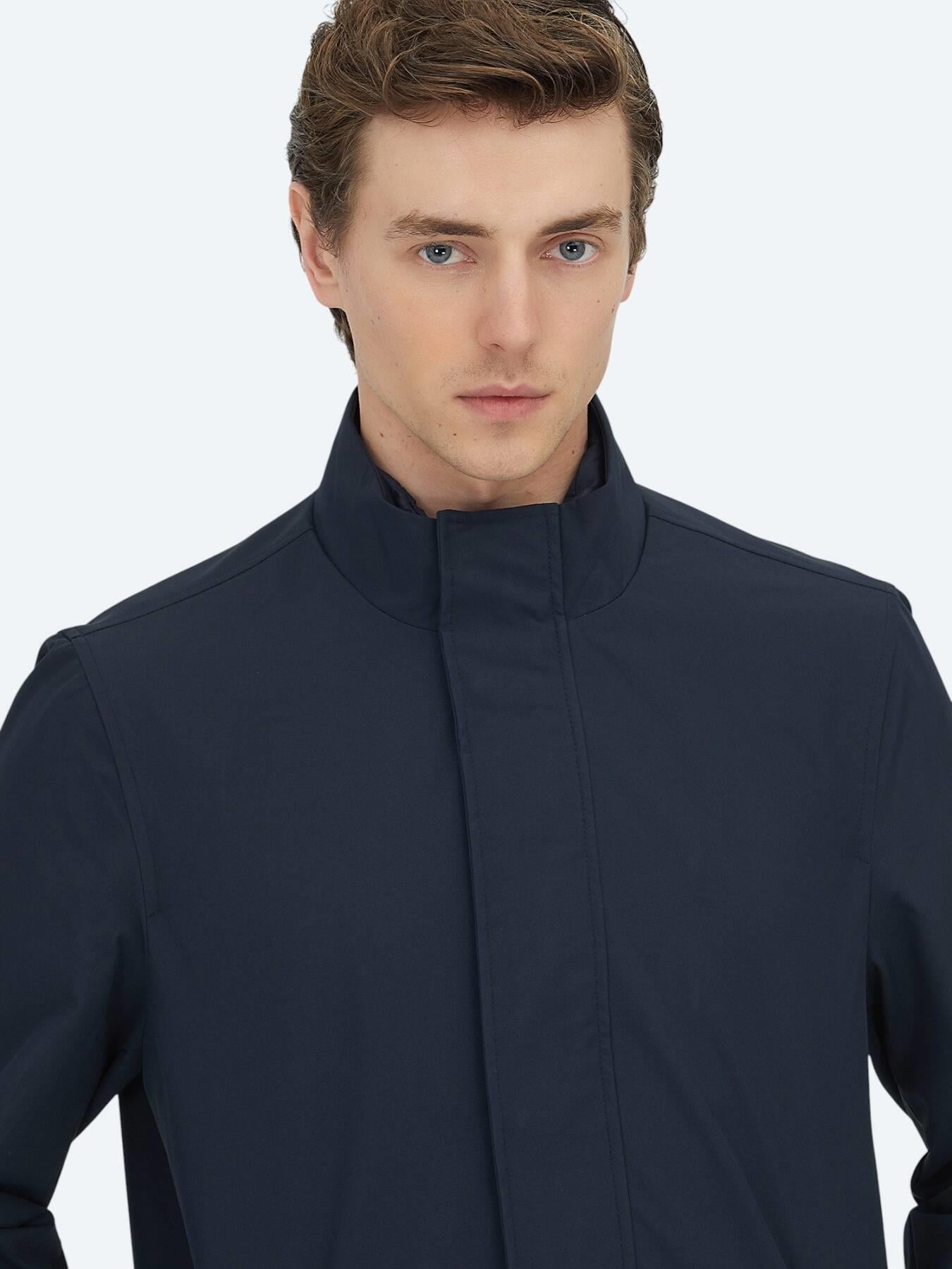Lacivert Oversize Fit Kruvaze Yaka Casual Dokuma Pardösü