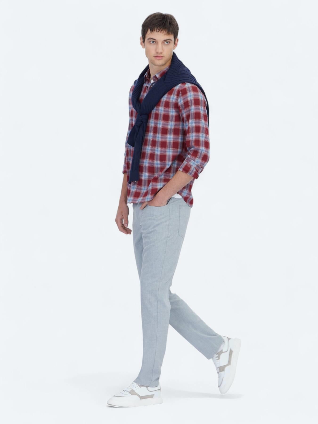 Bordo Regular Fit Uzun Dokuma Casual %100 Pamuk Gömlek