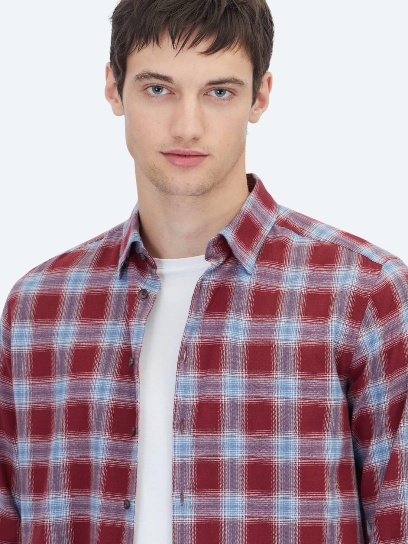 Bordo Regular Fit Uzun Dokuma Casual %100 Pamuk Gömlek