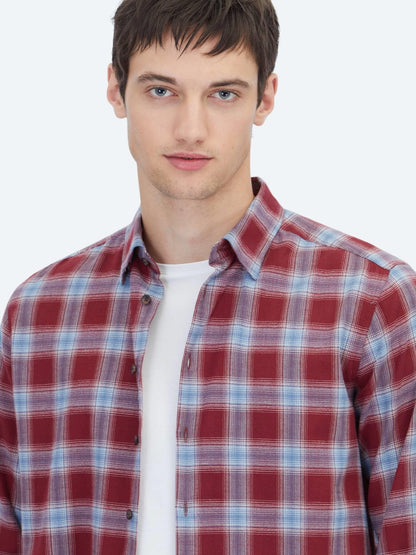 Bordo Regular Fit Uzun Dokuma Casual %100 Pamuk Gömlek