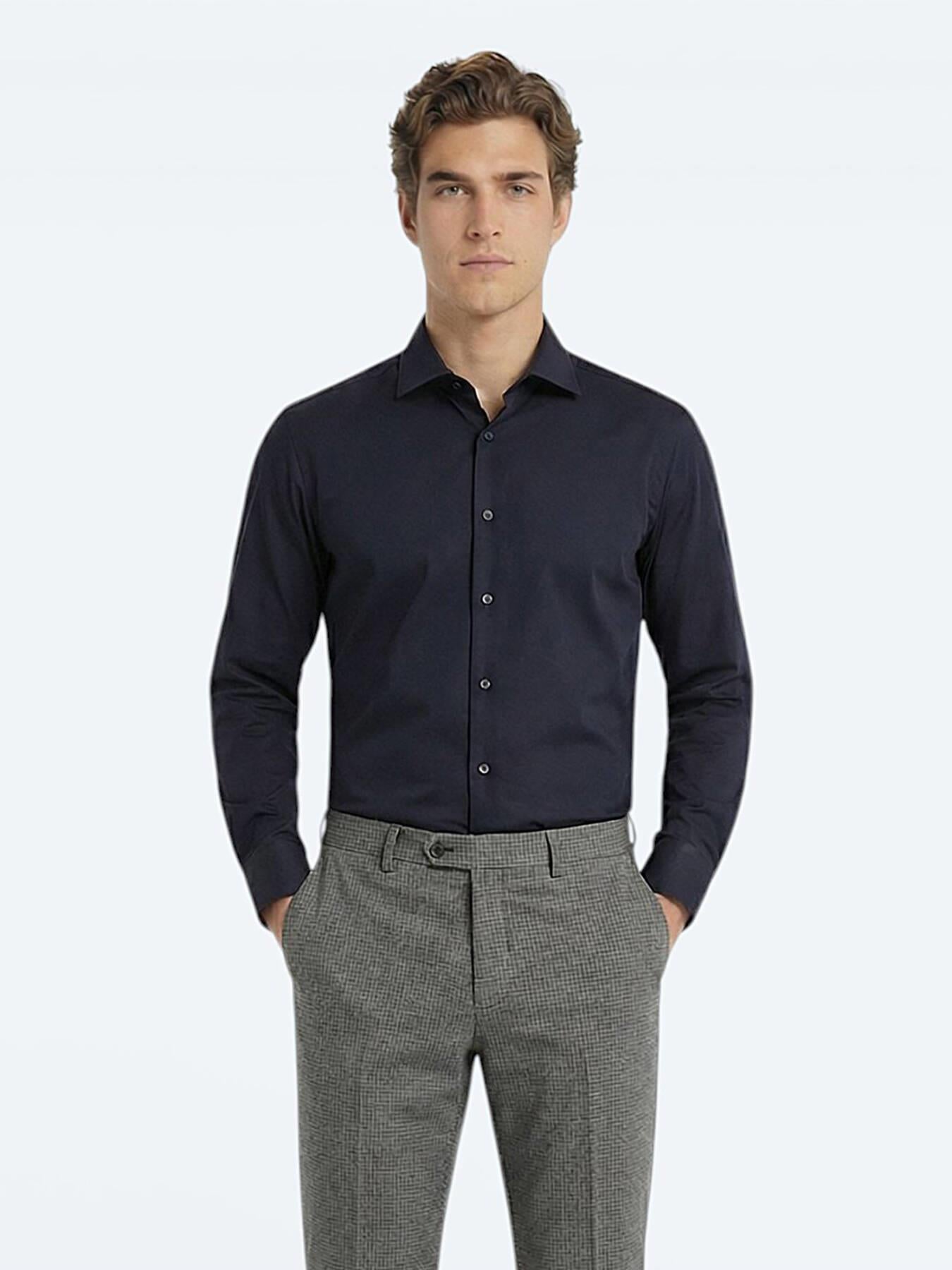 Siyah Düz Slim Fit Uzun Dokuma Klasik %100 Pamuk Gömlek