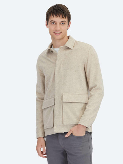 Bej Oversize Fit Uzun Dokuma Yün Karışımlı Overshırt