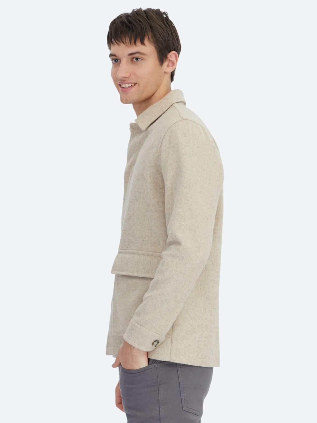 Bej Oversize Fit Uzun Dokuma Yün Karışımlı Overshırt