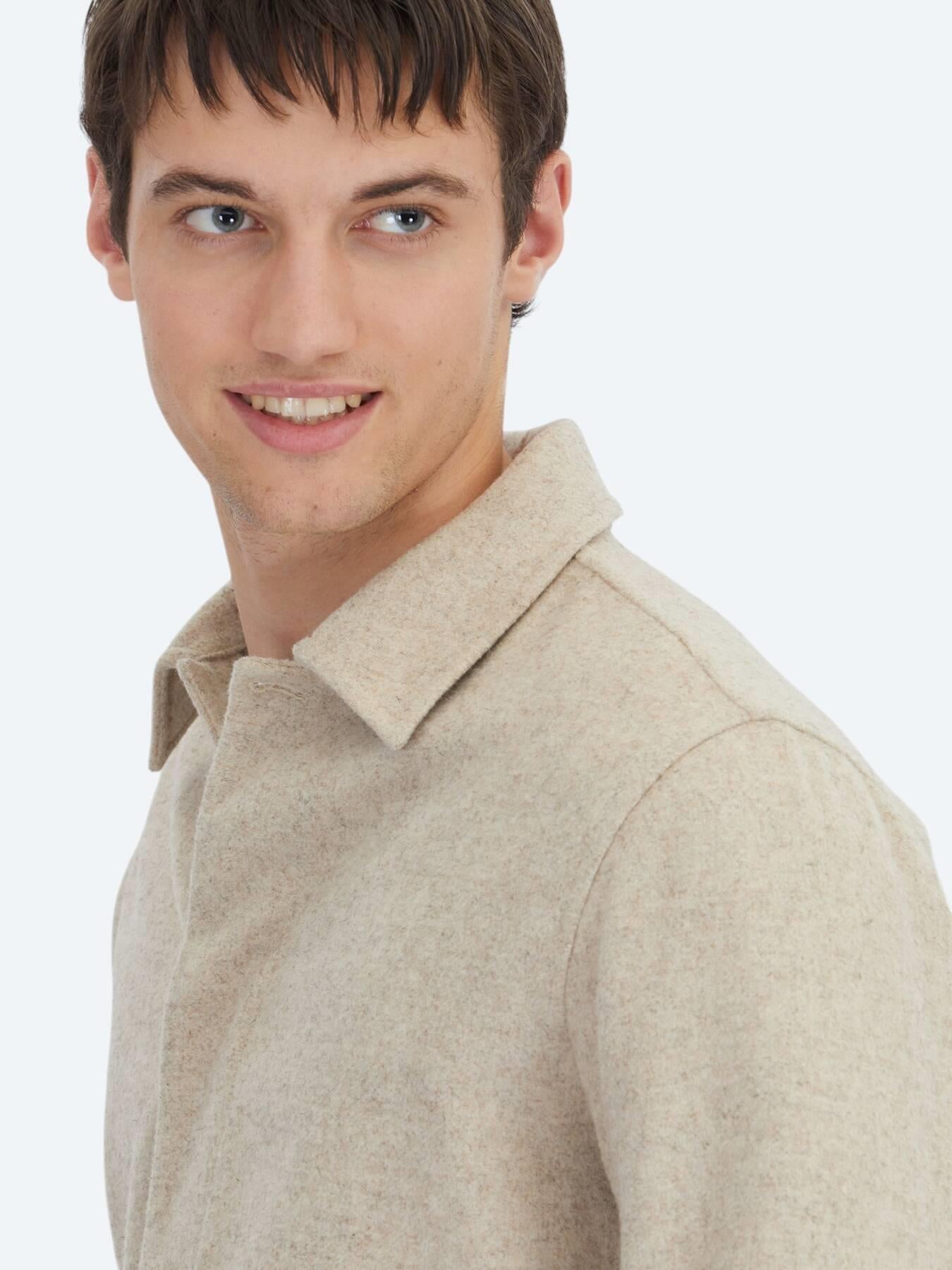 Bej Oversize Fit Uzun Dokuma Yün Karışımlı Overshırt