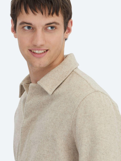 Bej Oversize Fit Uzun Dokuma Yün Karışımlı Overshırt
