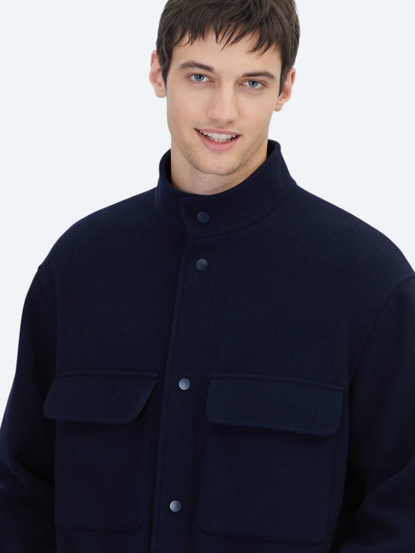 Lacivert Comfort Fit Dik Yaka Casual Dokuma Mont