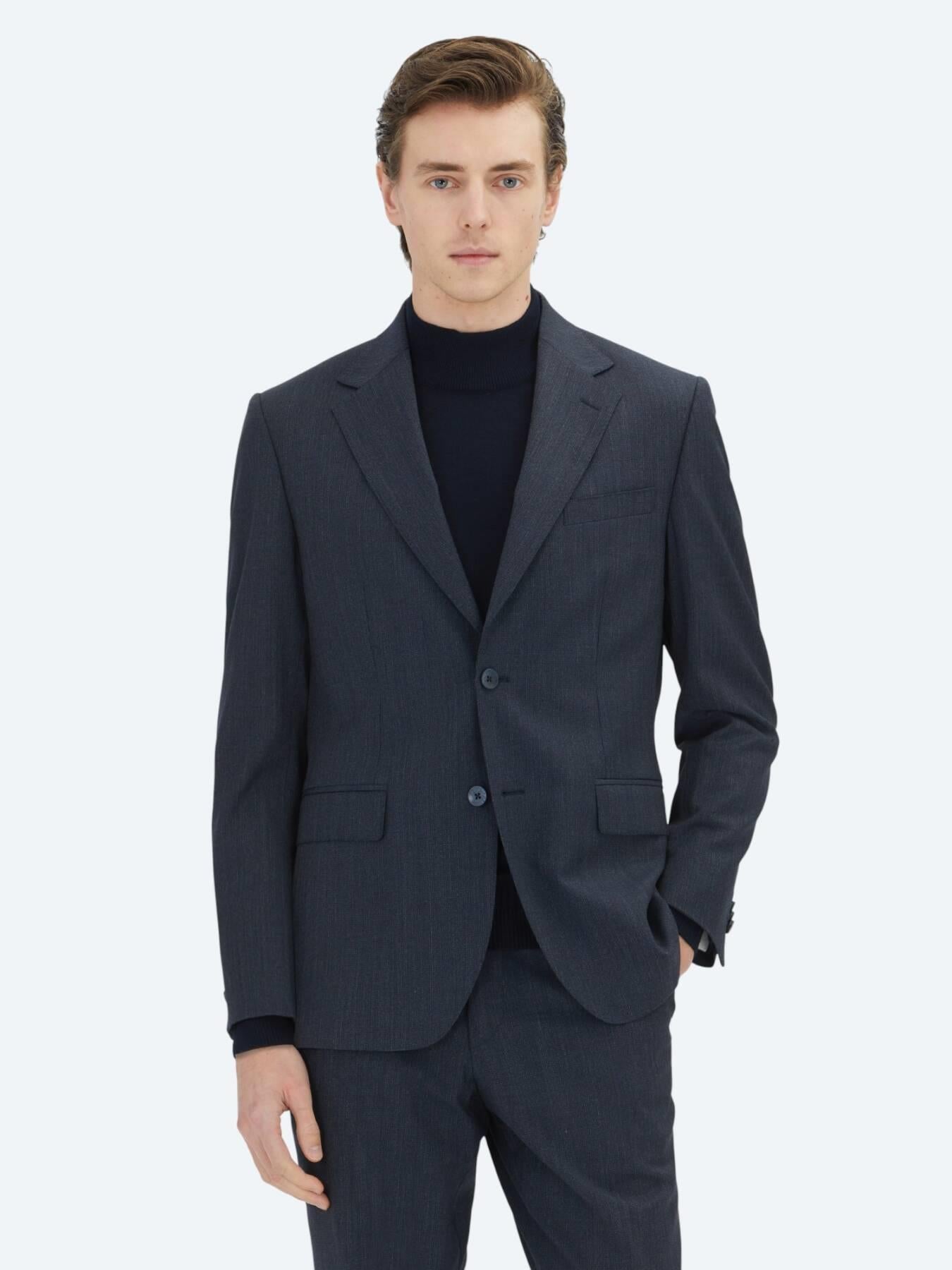 Lacivert Çizgili Modern Fit Yün Karışımlı Takım Elbise
